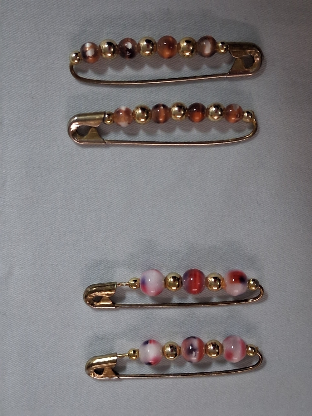 Beaded Safety Pin Sarong/Wrap Pins - Gold with Brown & Pink Beads